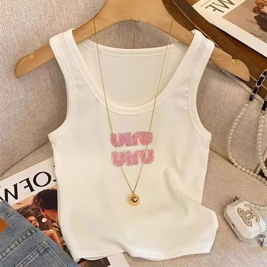 Women Summer Fashion Letter Diamonds Solid Color Slim Knitting Tank Top Ladies Simplicity Office Lady All-match Sleeveless Tops