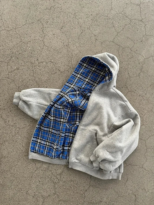 Korean Fashion Simple Gray Double-Sided Oversized Zipper Hoodie Women's Y2K New Harajuku Gothic Casual Joker Couple Street Wear