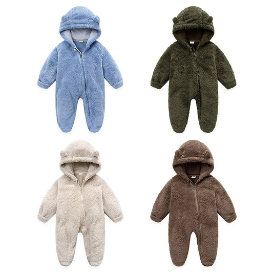 Autumn Winter Newborn Baby overalls Plus Velvet Hooded Kids Baby Girl Romper 0-1 Years Infant Toddler Boy Jumpsuit Outfit