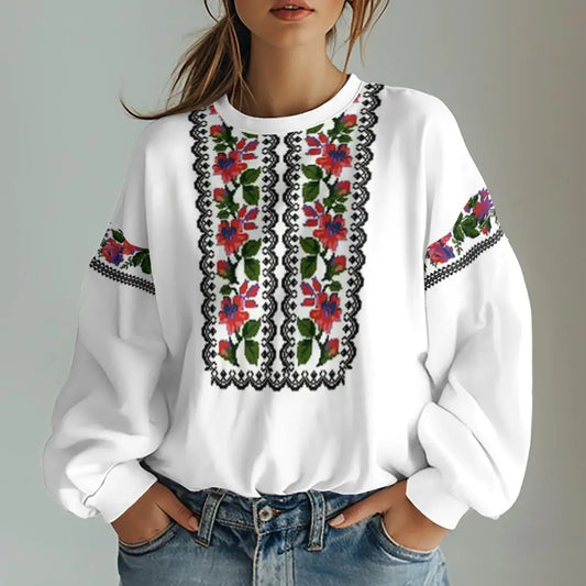 Ukrainian Embroidered Folk Print Womens Oversized Hoodie Long Sleeve Casual Pullover Warm Winter Fashion Streetwear Top