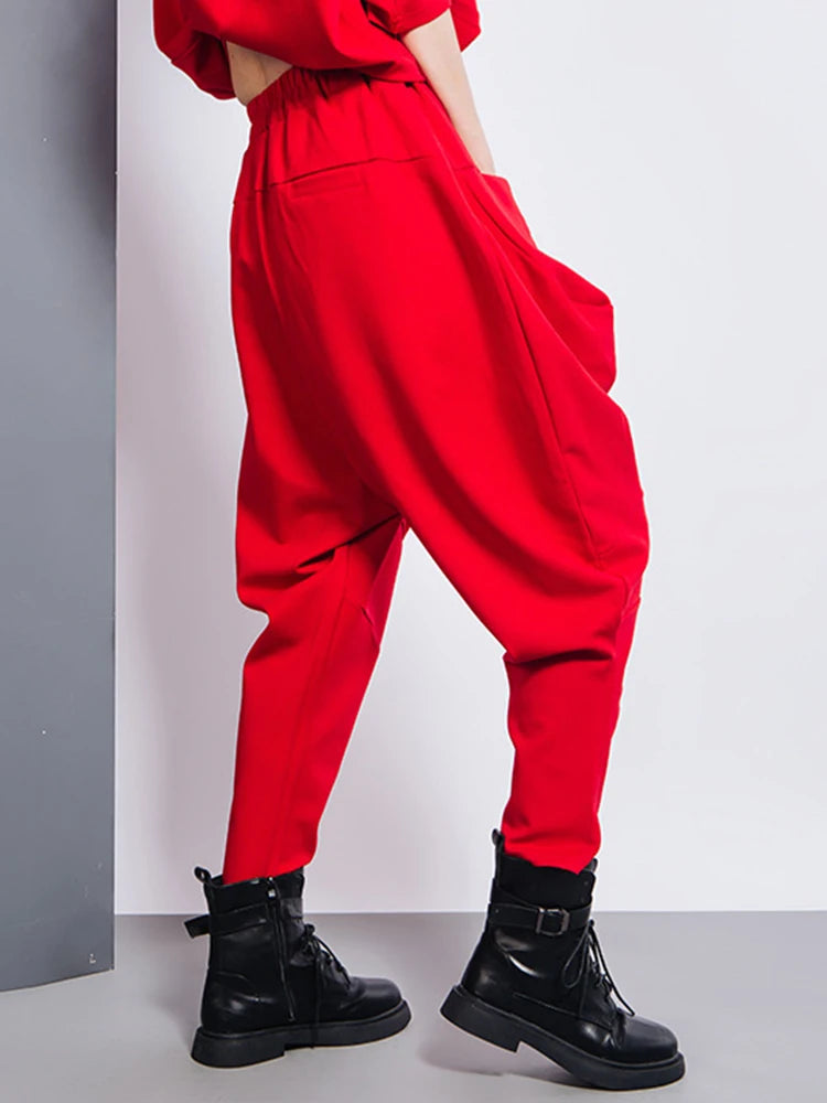 [EAM] Big Pockets Spliced Irregular High Waist Harem Trousers New Loose Fit Pants Women Fashion Tide Spring Autumn 2025 1DD2684
