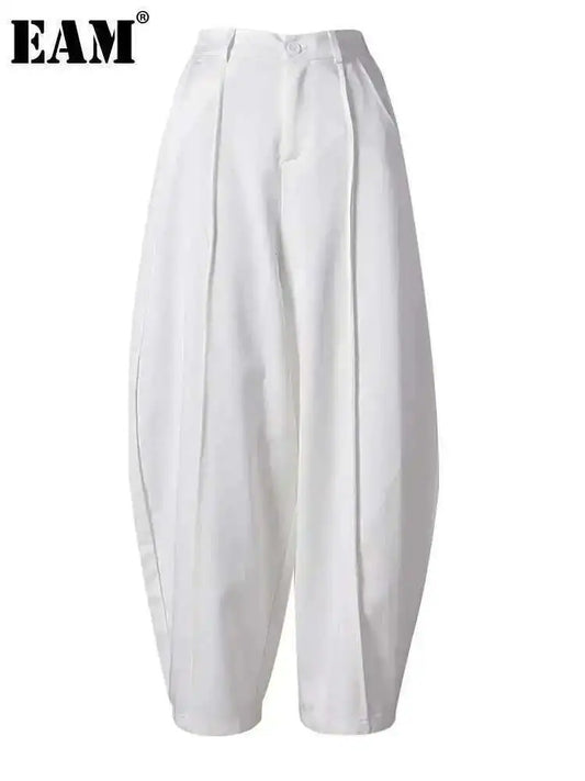 EAM High Elastic Waist White Spliced Wide Leg Long Casual Pants New Trousers Women Fashion Tide Spring Autumn 2025  CPG2815