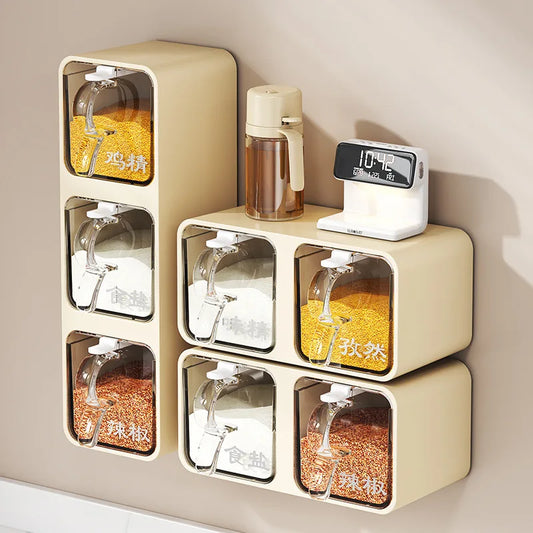 Wall-mounted moisture-proof seasoning box for home kitchen with condiment bottles for salt, MSG, and other condiments.
