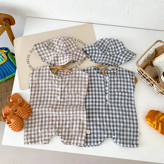 Baby Newborn Plaid Romper+Hat Bundles Toddler Girls Boys Sleeveless Summer Bodysuit Overalls Infant Clothes