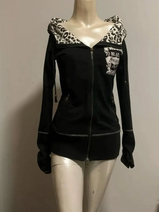 Gothic Punk Leopard Print Hoodie Harajuku Retro Slim Fit Spicy Girl Multifunctional Zipper Hoodie Hip Hop Fashion Sportswear