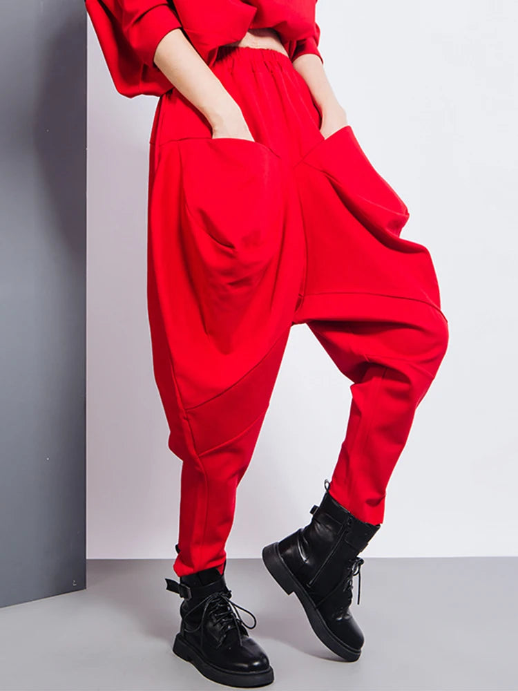 [EAM] Big Pockets Spliced Irregular High Waist Harem Trousers New Loose Fit Pants Women Fashion Tide Spring Autumn 2025 1DD2684