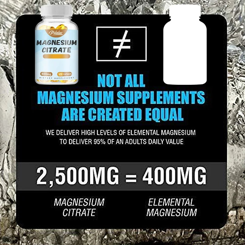 Magnesium Citrate Capsules - Supports Muscle, Nervous System, Bone, Heart Health and Energy,Sleep & Skin Health - 120 Capsules