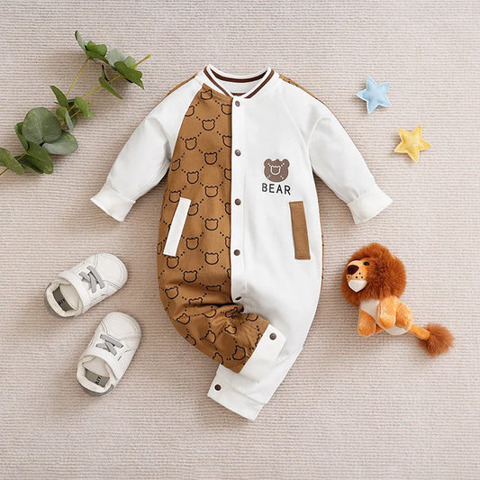 Spring And Autumn Boys And Girls Cute Cartoon Little Bear Printed Cotton Comfortable Casual Long Sleeve Baby Bodysuit