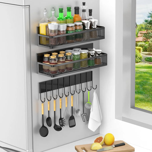 Magnetic Refrigerator Organizer - No Drill Kitchen Spice Rack with Hooks, Side Mounted Utensil Holder for Condiments & Paper Tow