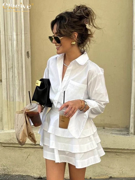 Clacive Fashion Loose White Cotton Women's Two Pieces Set 2025 Elegant Long Sleeve Shirt With High Waist Pleated Mini Skirt Set