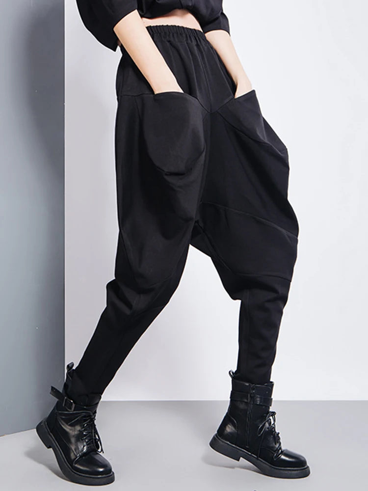 [EAM] Big Pockets Spliced Irregular High Waist Harem Trousers New Loose Fit Pants Women Fashion Tide Spring Autumn 2025 1DD2684